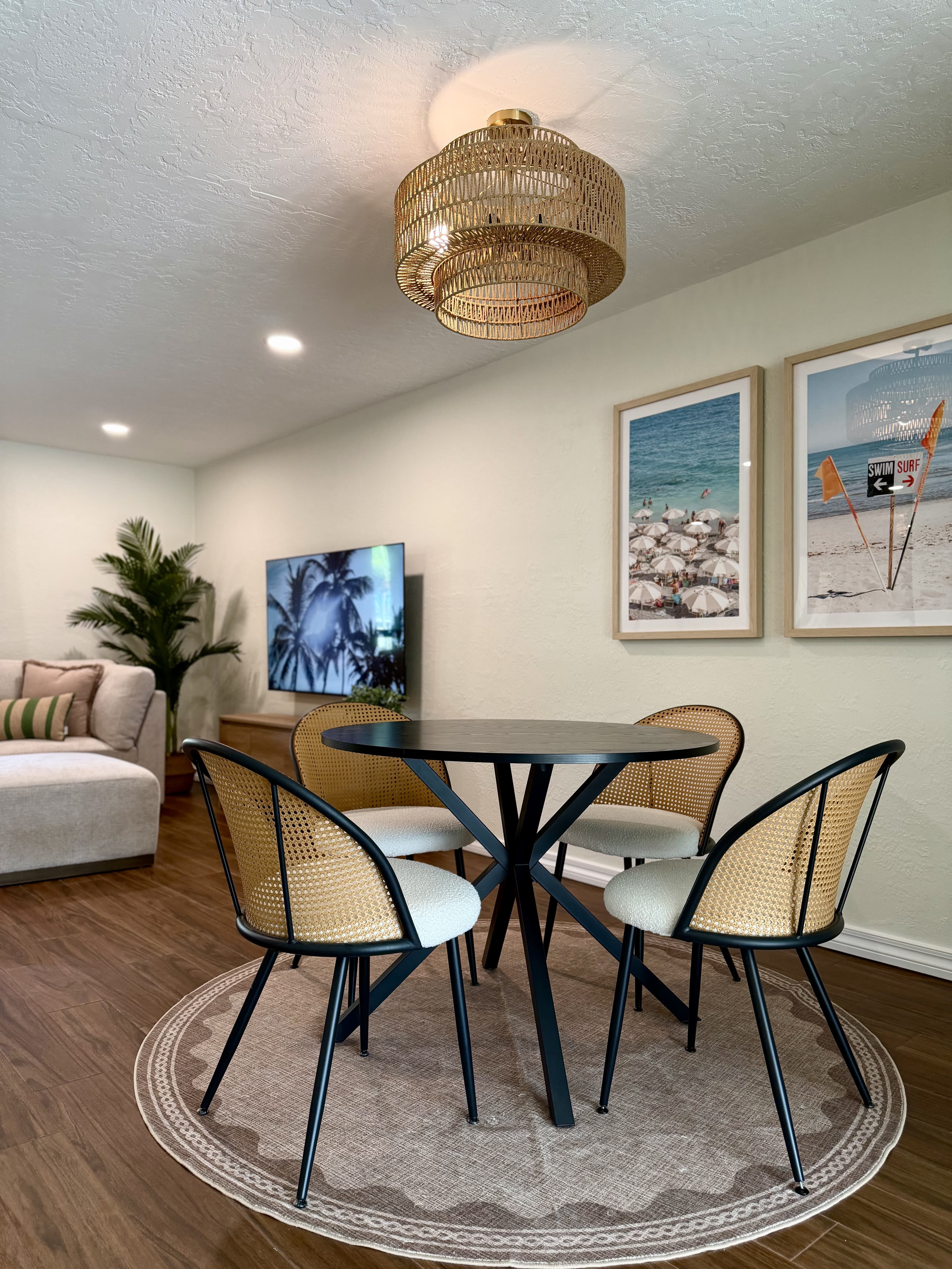 Coastal bistro dining with rattan pendant